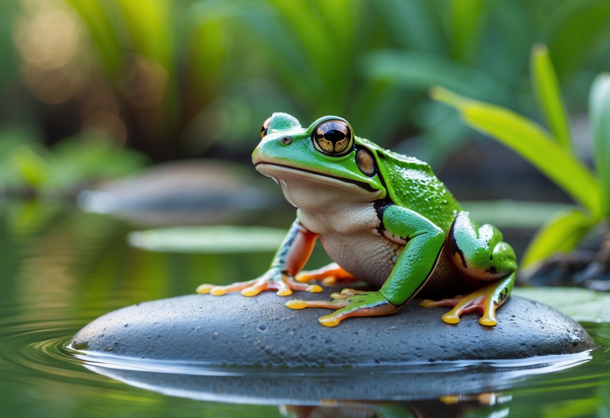 A green frog sitting on a wet rock near a calm pond surrounded by green plants.