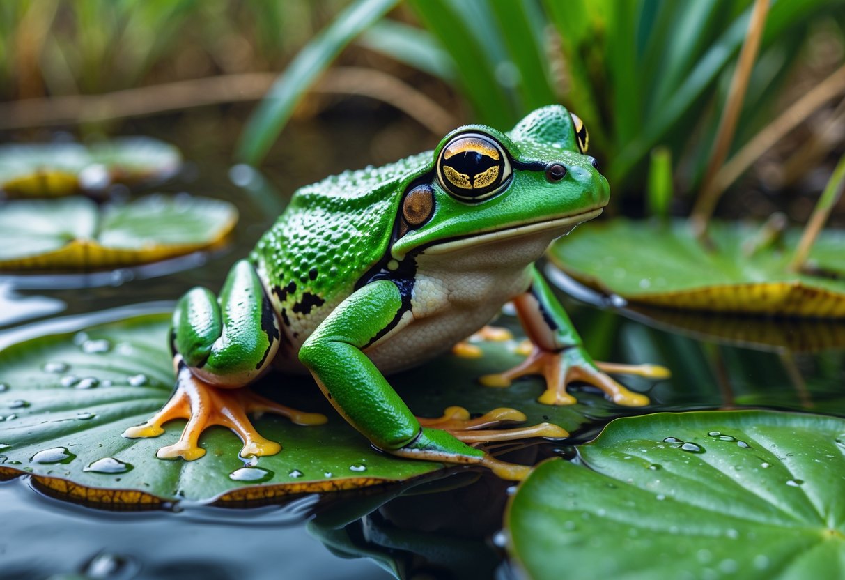 A close-up of a green frog sitting on a lily pad in a pond surrounded by plants.