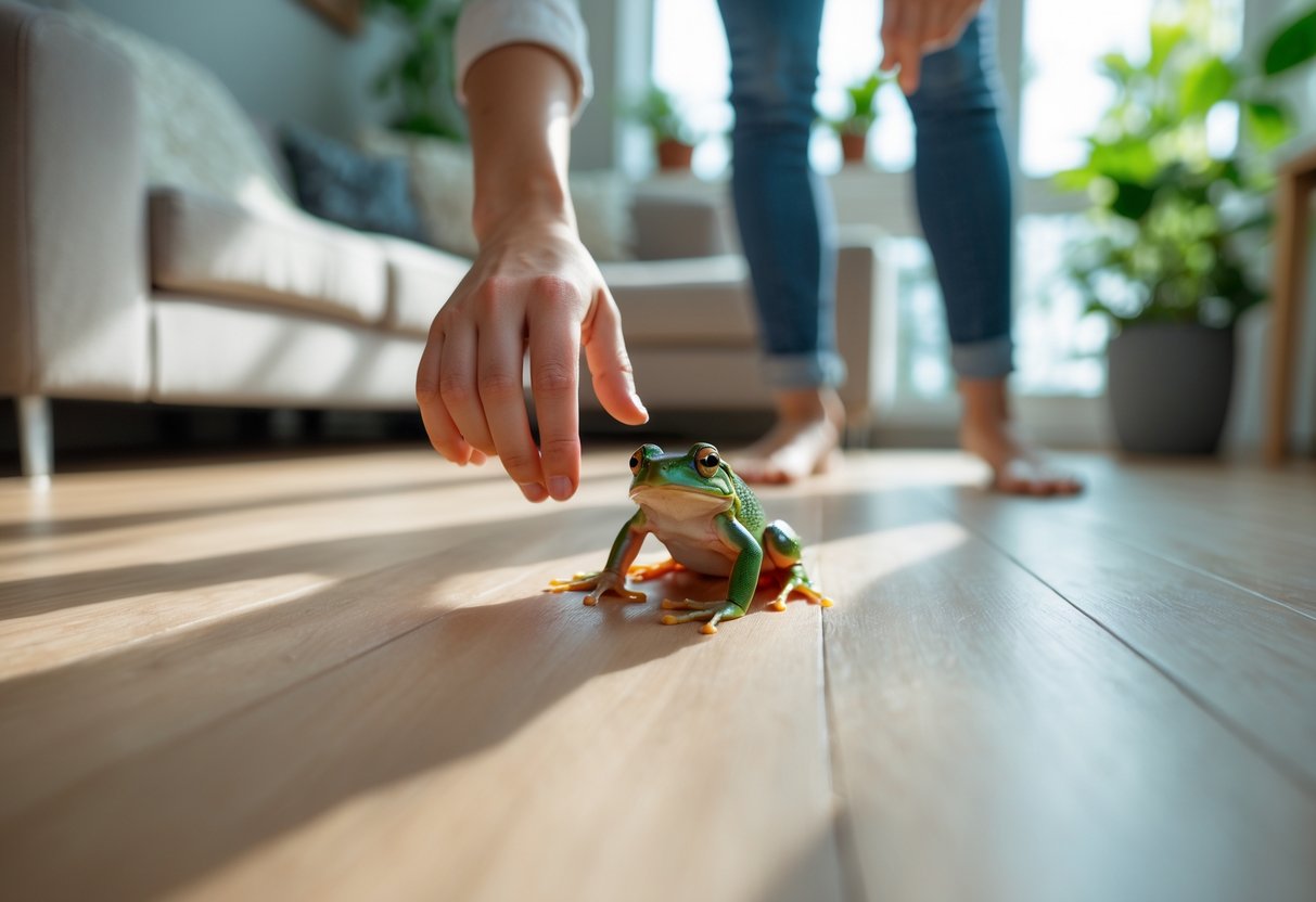 A person inside a living room gently reaching toward a small green frog on the floor.