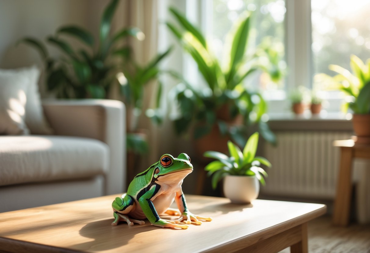A green frog sitting on a coffee table in a cozy living room with houseplants and sunlight coming through a window.