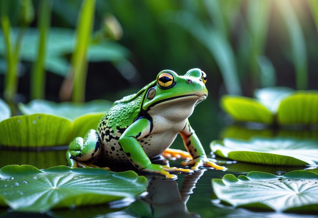 A green frog sitting on a lily pad in a calm pond surrounded by water lilies and green foliage.