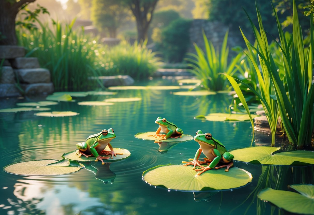 A peaceful pond with green frogs on lily pads and rocks surrounded by plants and sunlight filtering through trees.