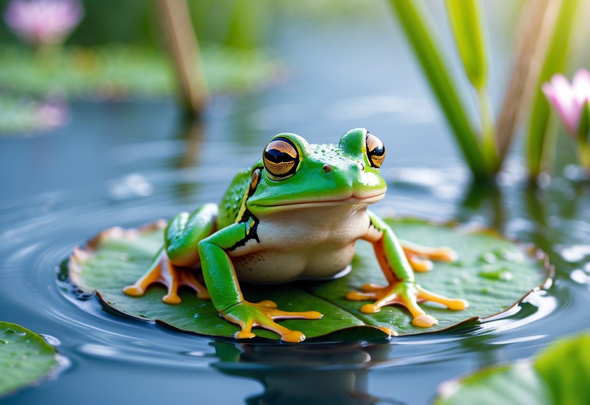 A green frog sitting on a lily pad in a calm pond surrounded by water and plants.