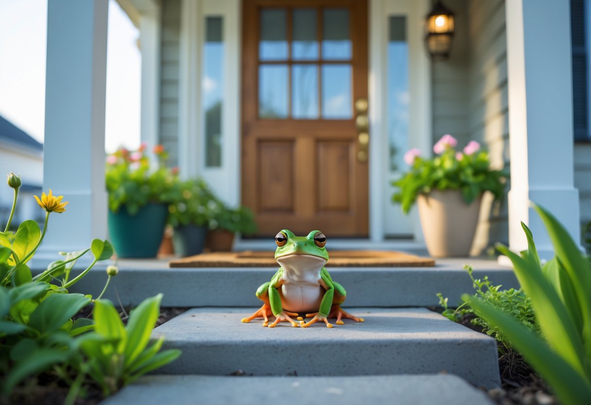 A green frog sitting on the doorstep of a house surrounded by plants and flowers.