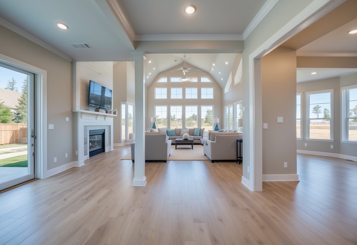 Interior view of a modern house showing a living room and a room above the garage with large windows and natural light.