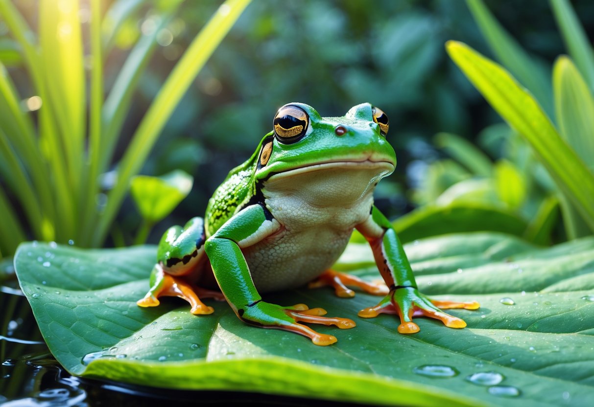 A green frog sitting on a large leaf surrounded by plants in a natural outdoor setting.