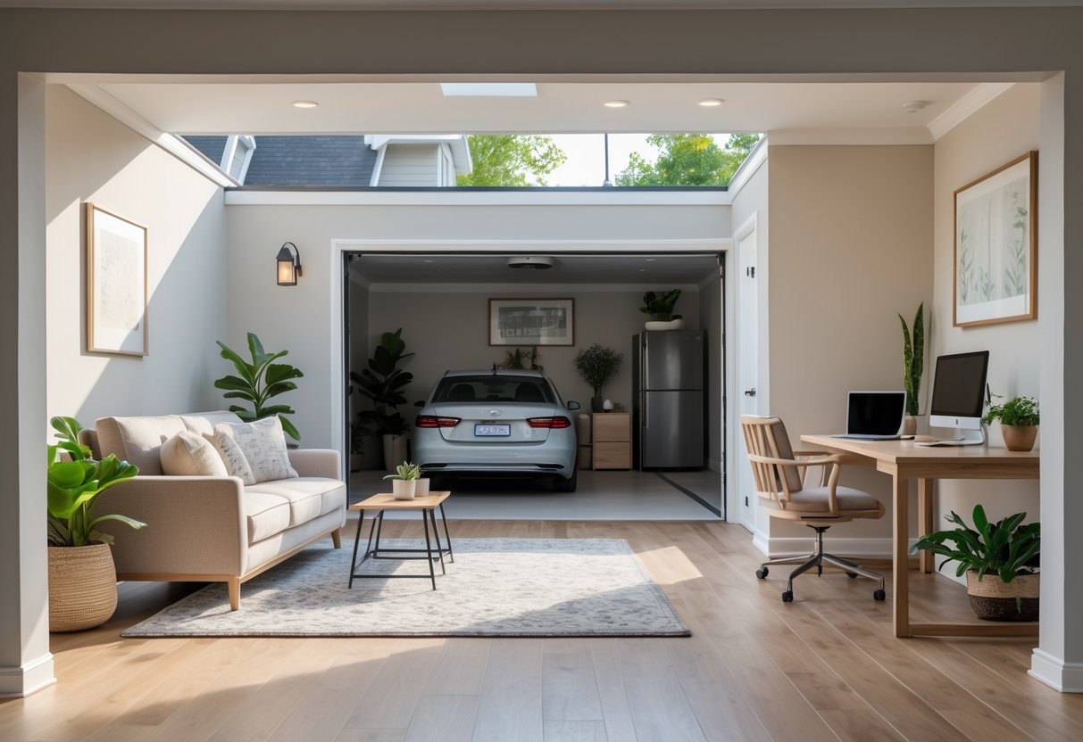 Interior of a finished room over a garage in a house, showing a cozy seating area and a home office setup adjacent to the main living space.