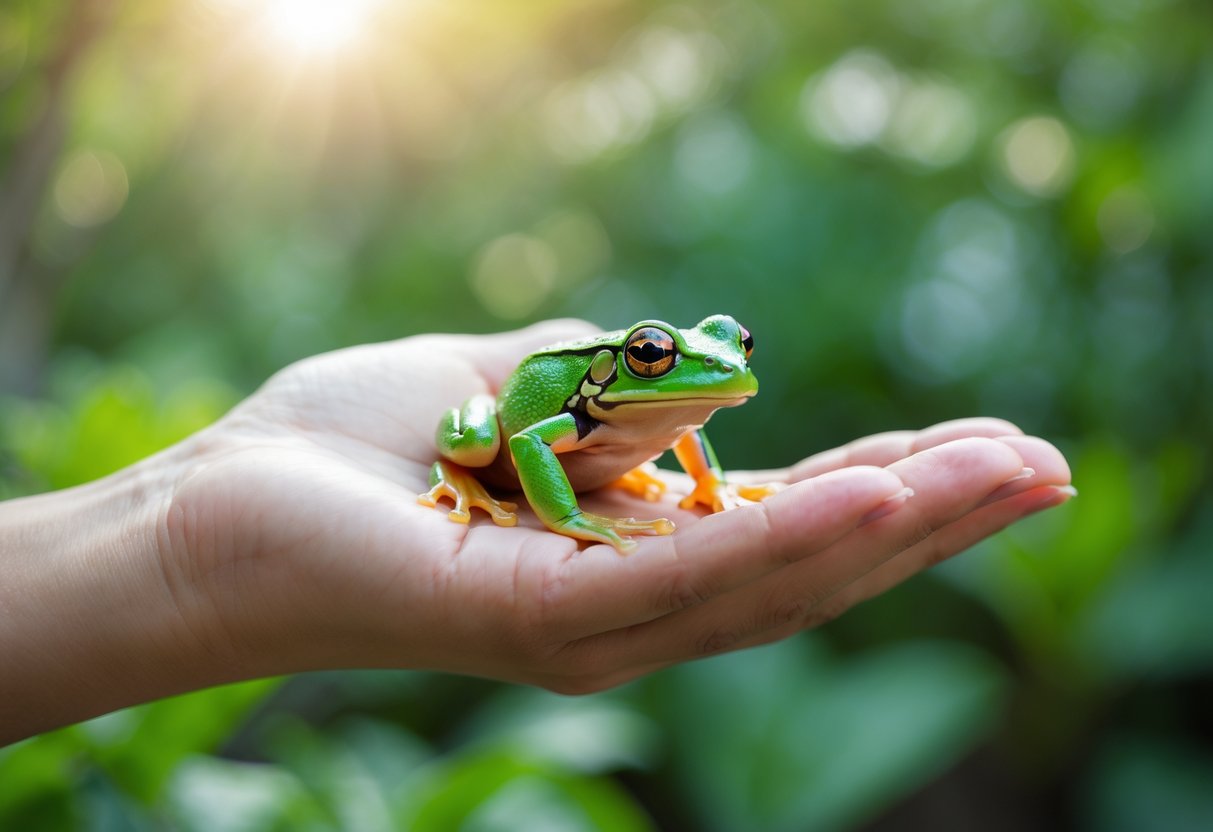 A hand holding a small green frog outdoors with blurred greenery in the background.