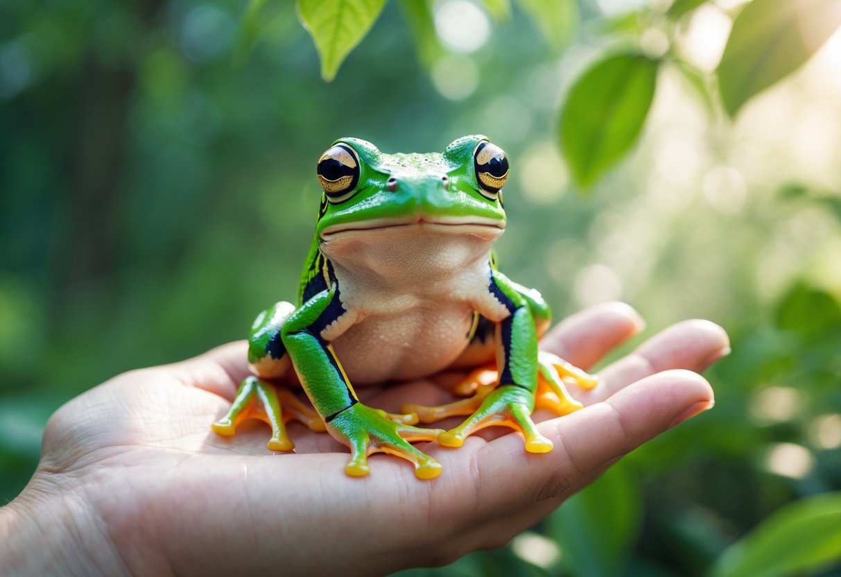 A green frog sitting on a person's outstretched hand with a blurred natural background.