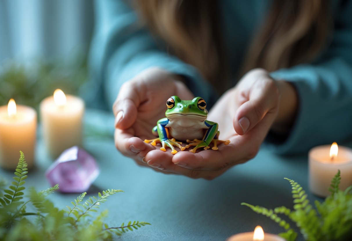 A person gently holding a small green frog in their hands in a softly lit, calm indoor setting with candles and plants around.