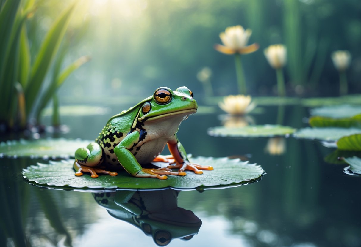 A green frog sitting on a lily pad in a calm pond surrounded by plants and soft morning light.