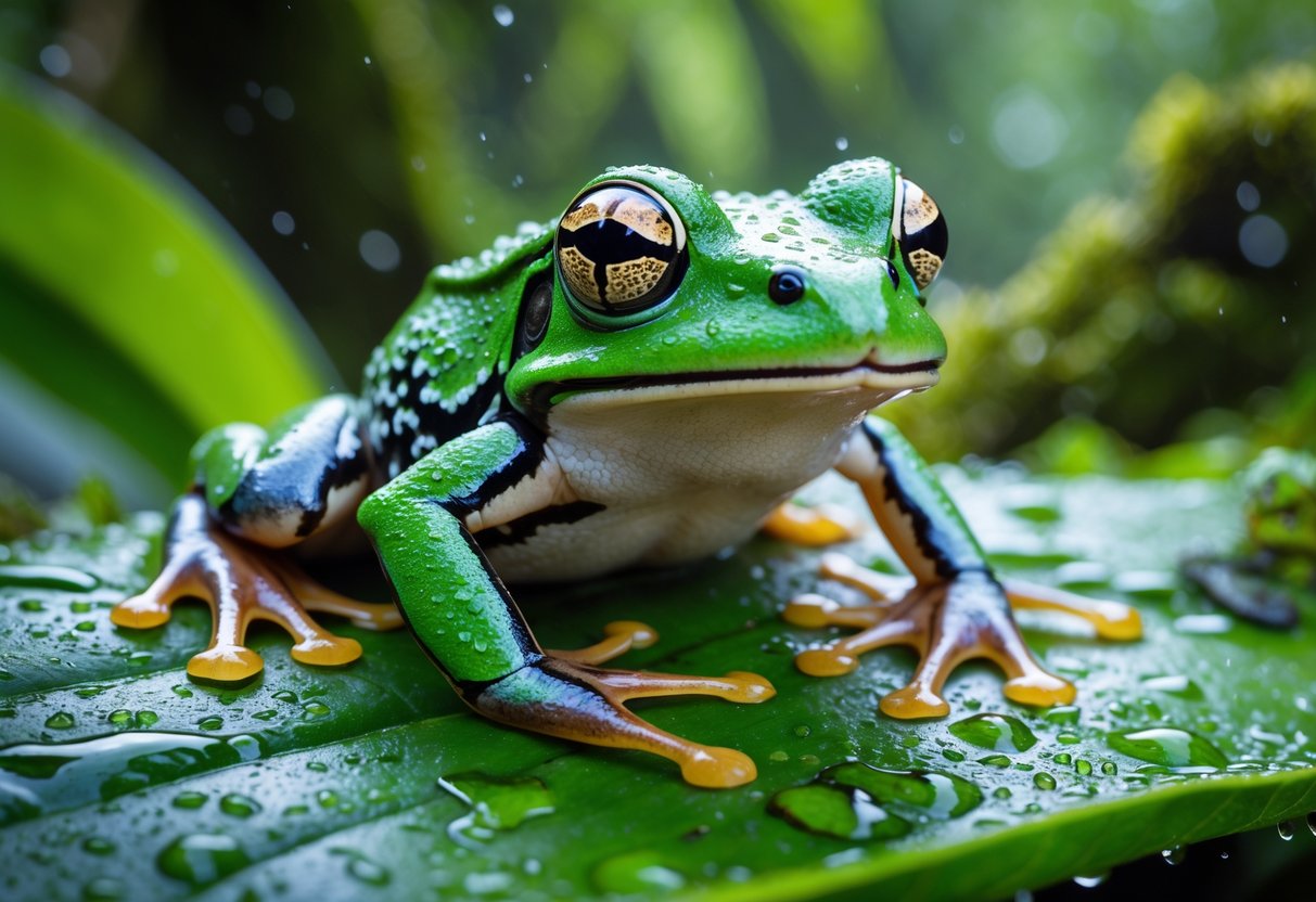 A green frog sitting on a wet leaf surrounded by moss and greenery in a rainforest.