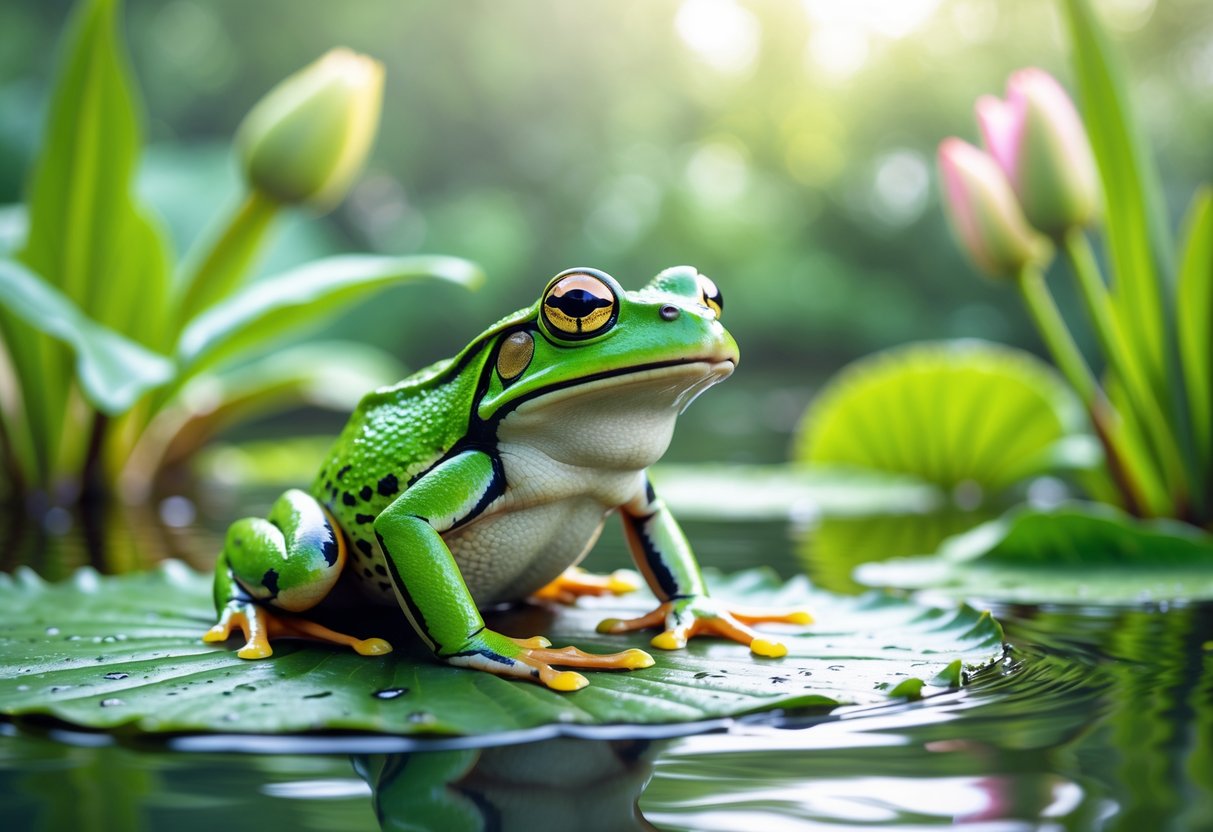 A green frog sitting on a lily pad in a calm pond surrounded by green plants and sunlight.