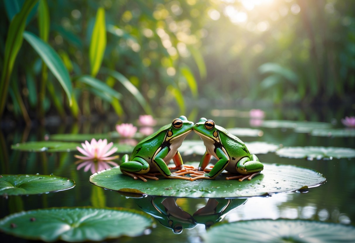 Two green frogs sitting close together on a lily pad in a calm pond surrounded by water lilies and greenery.