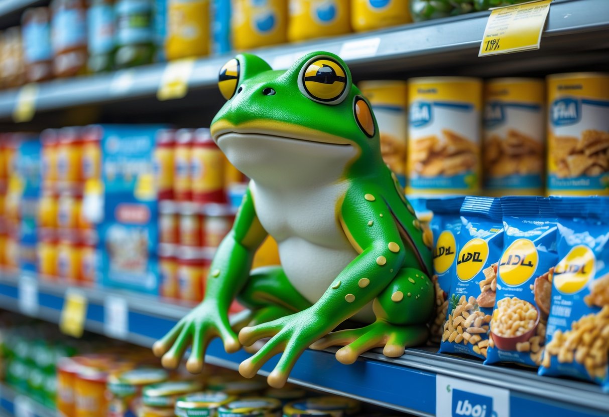 A green frog mascot sitting on Lidl grocery products arranged on a store shelf.