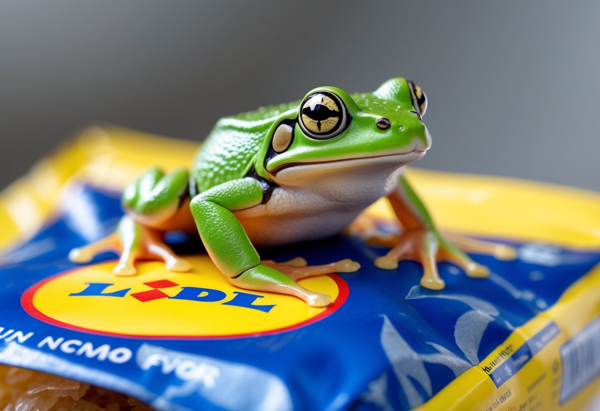 A green frog sitting on a Lidl product package with bright colors on a plain background.
