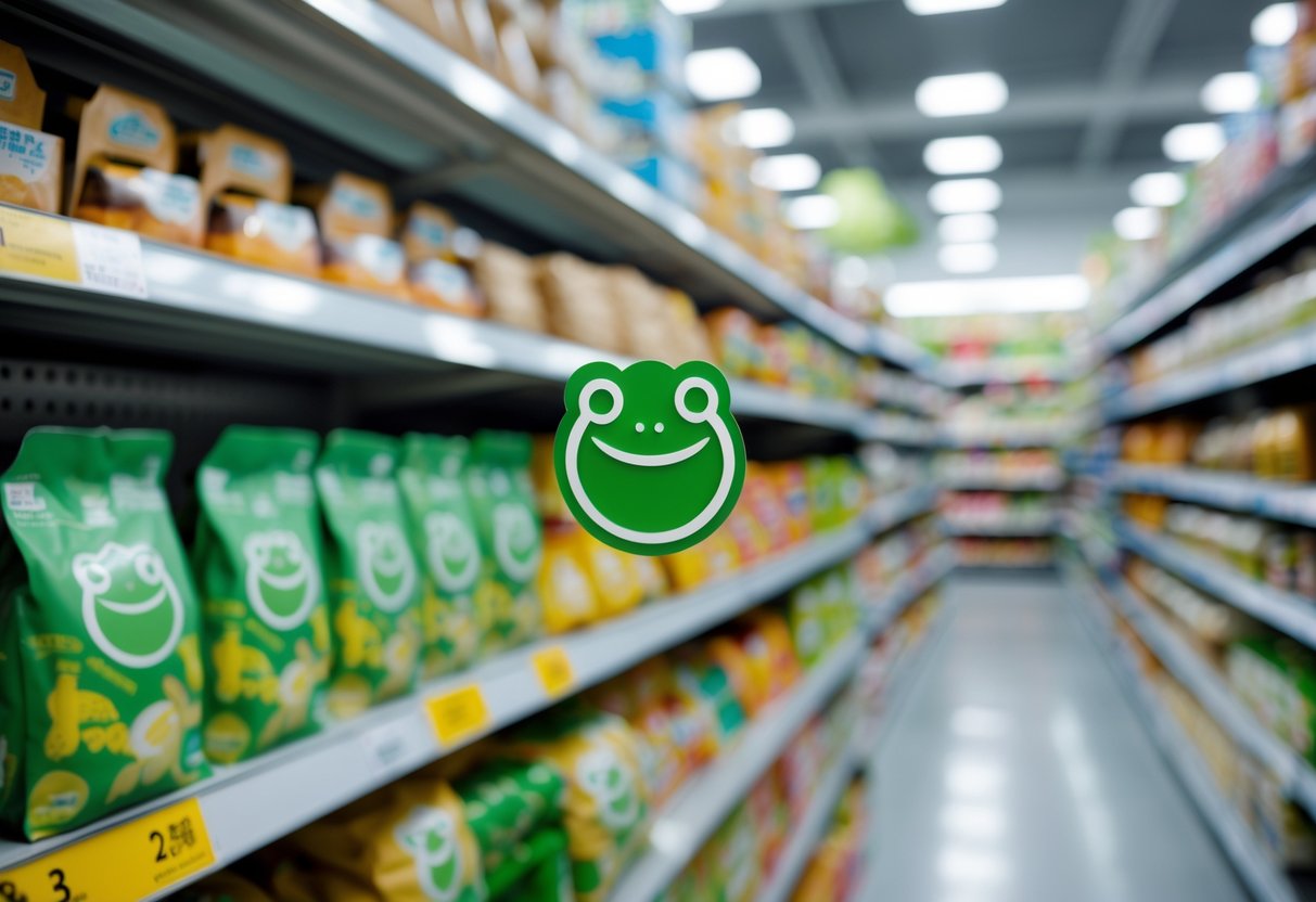 Close-up of Lidl grocery products on a store shelf featuring packaging with a green frog logo.