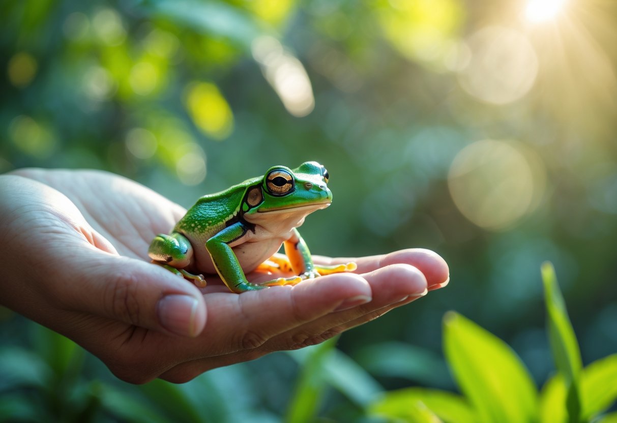 A small green frog sitting calmly on a person's open palm with blurred green foliage in the background.