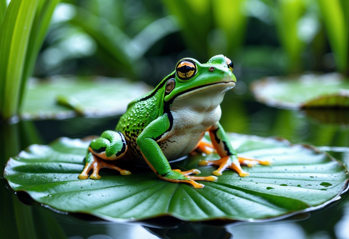 A green frog sitting on a lily pad in a calm pond surrounded by green plants.
