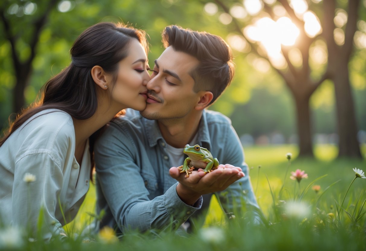 A young couple outdoors, the woman kissing a small green frog held by the man.