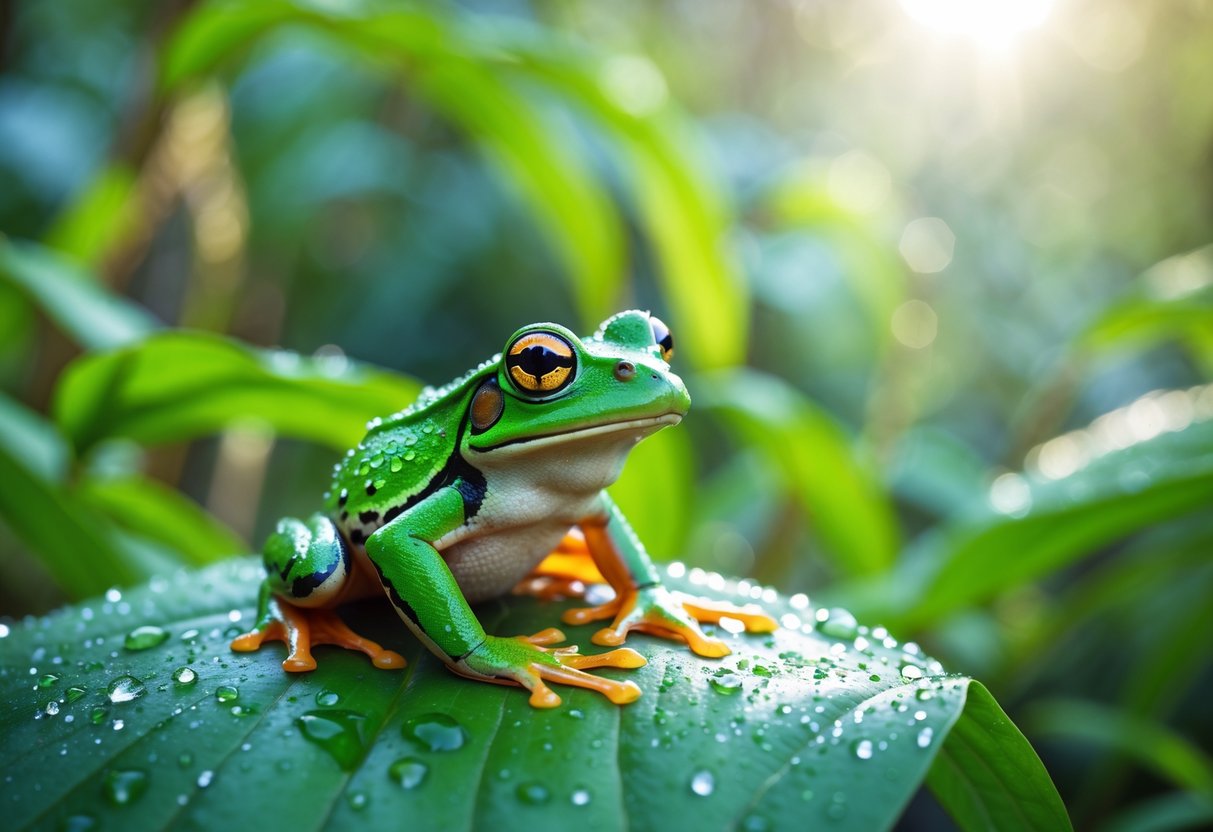A green frog sitting on a wet leaf with dew drops in a natural outdoor setting.