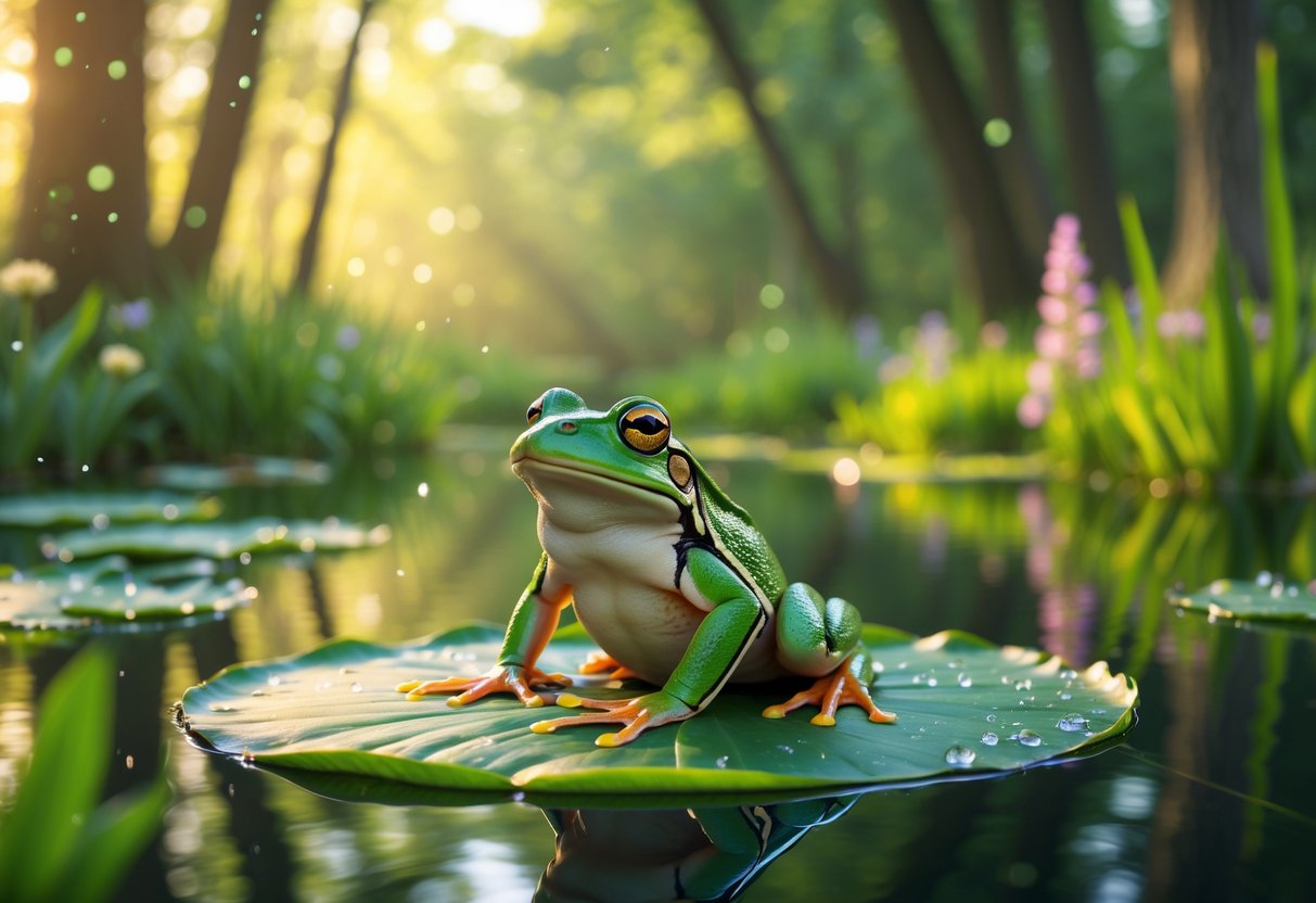 A green frog sitting on a lily pad in a calm pond surrounded by forest plants and soft sunlight.
