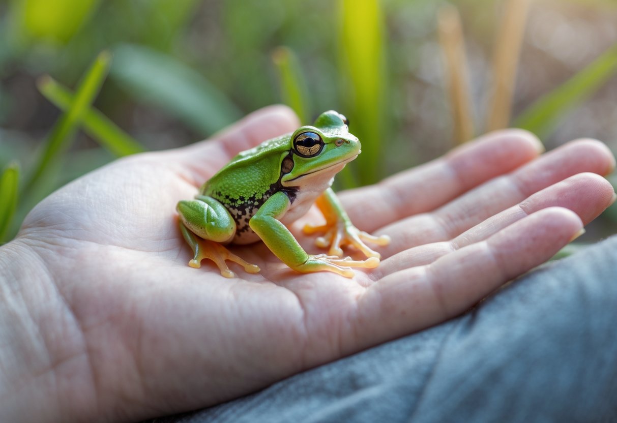 A small green frog sitting gently on an open human hand with a blurred natural background.