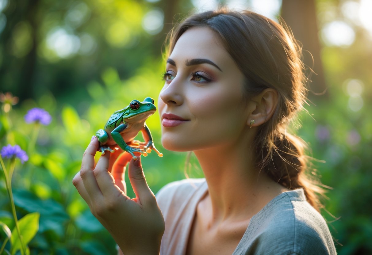 A young woman outdoors holding a small green frog close to her face, looking at it thoughtfully in a garden setting.
