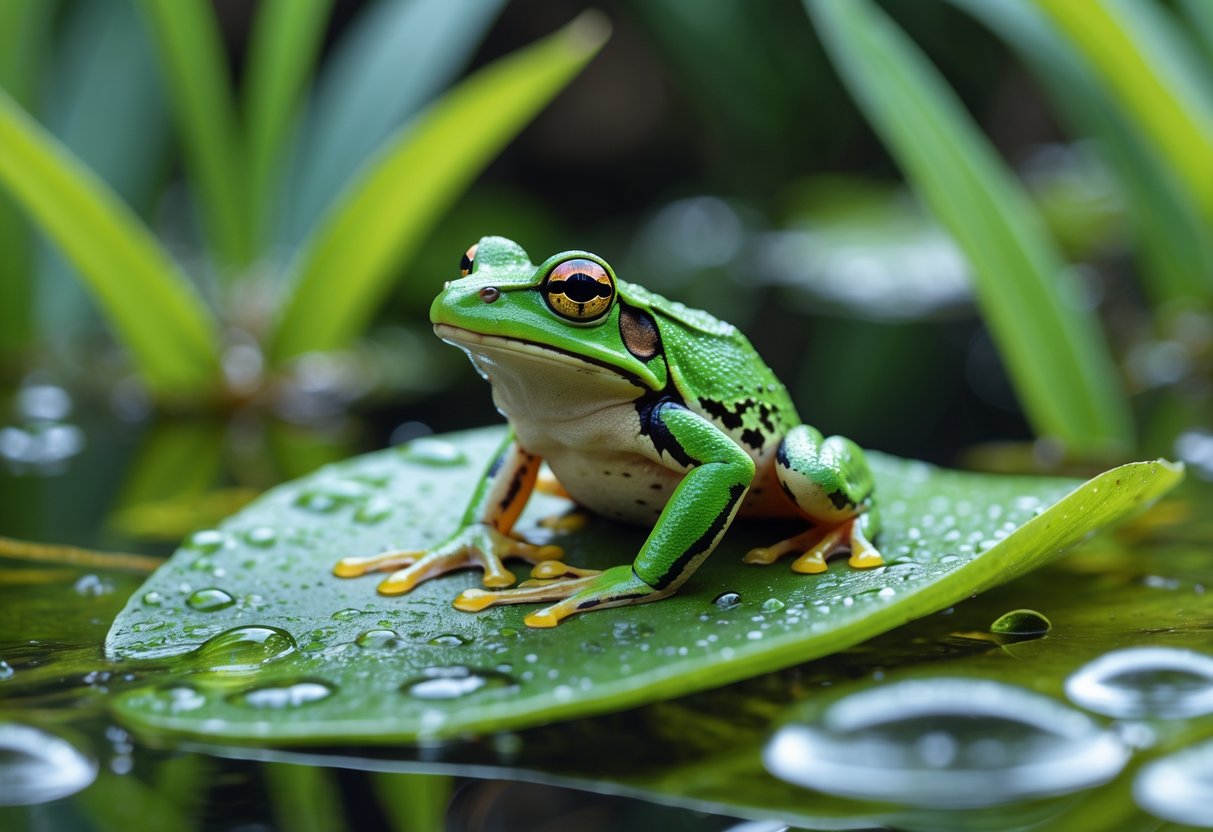 A green frog sitting on a wet leaf surrounded by aquatic plants in a pond.