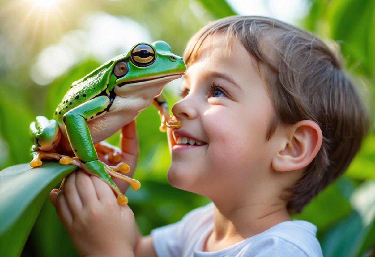 A young child gently touching noses with a small green frog outdoors.