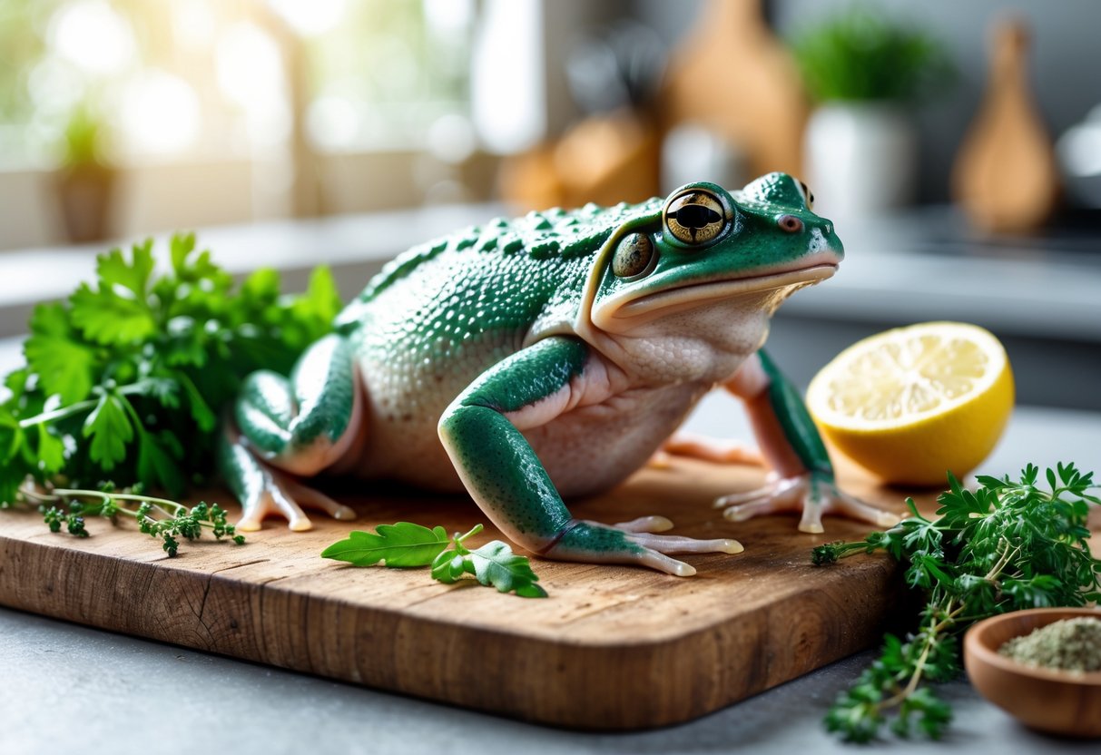 Close-up of a raw frog prepared for cooking on a wooden cutting board with fresh herbs, lemon wedge, and spices in a kitchen setting.