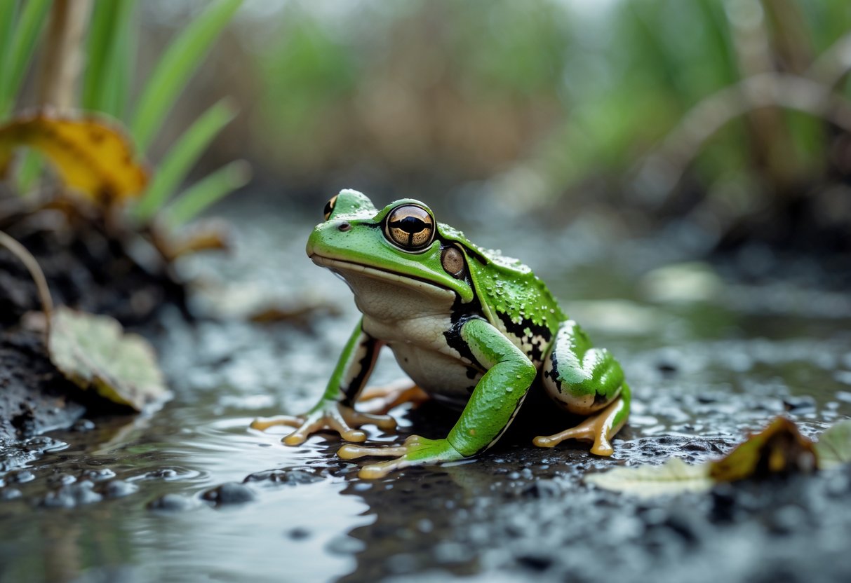 Close-up of a green frog sitting on a wet, muddy surface near a pond with natural vegetation around it.