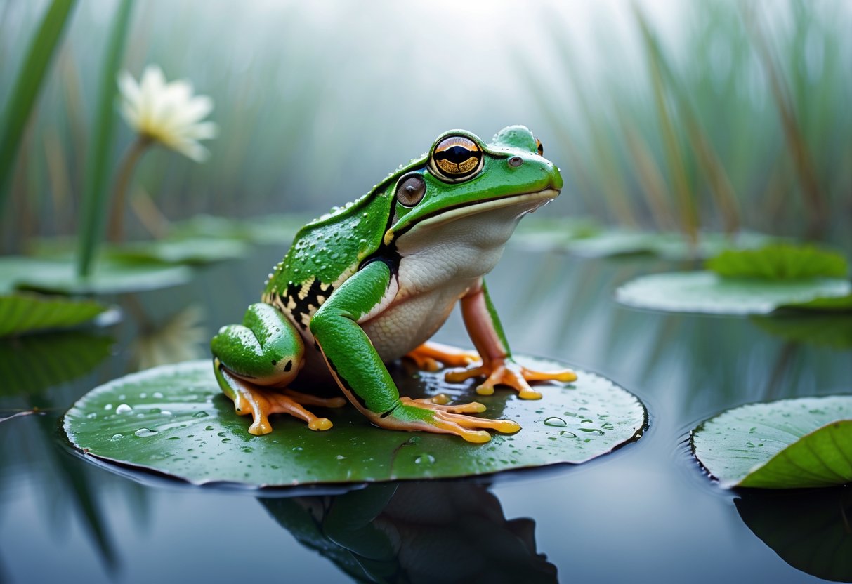 A green frog sitting on a lily pad in a calm pond surrounded by water lilies and reeds with soft morning light.