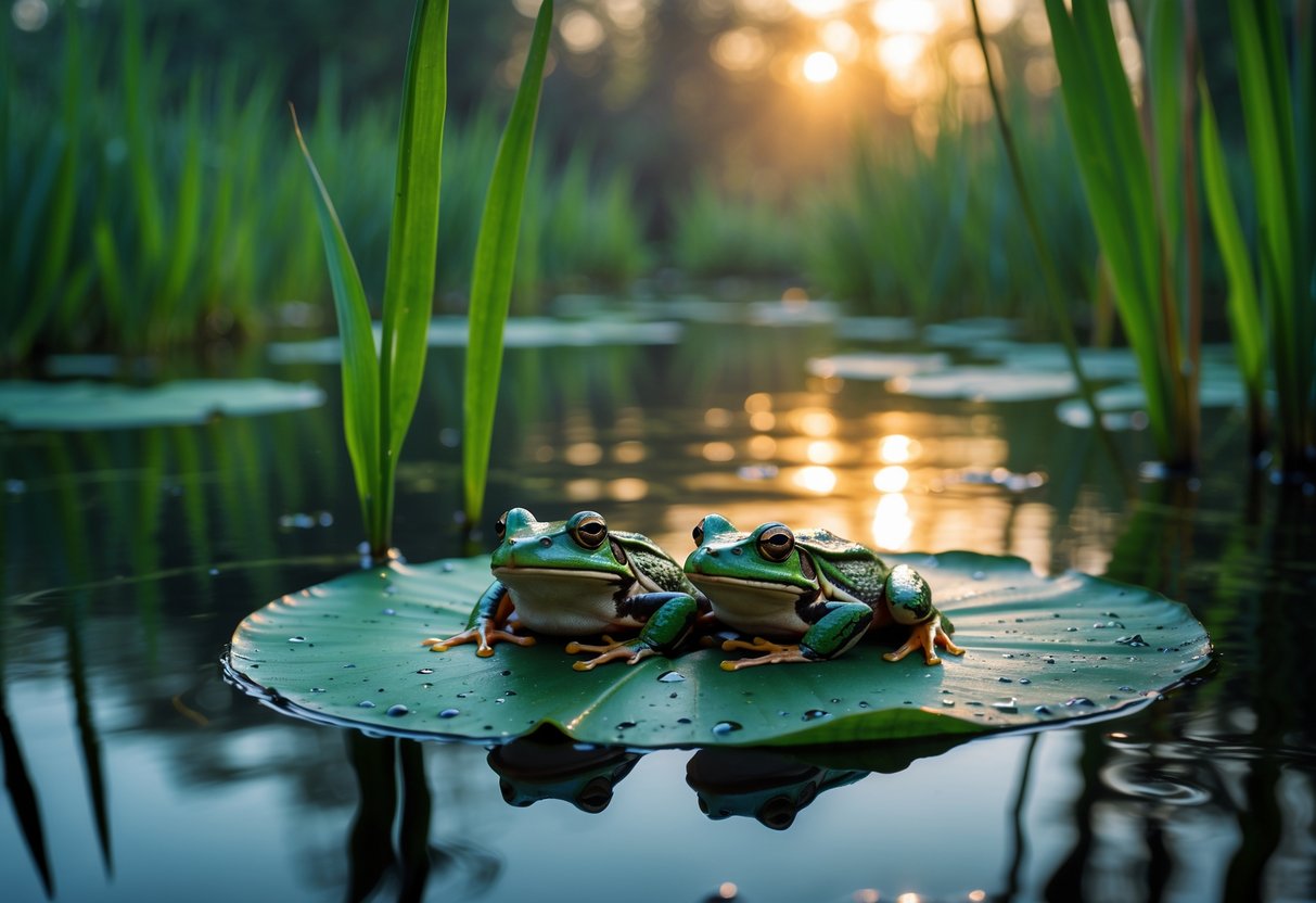 Two frogs resting together on a lily pad in a calm wetland surrounded by green reeds at dusk.