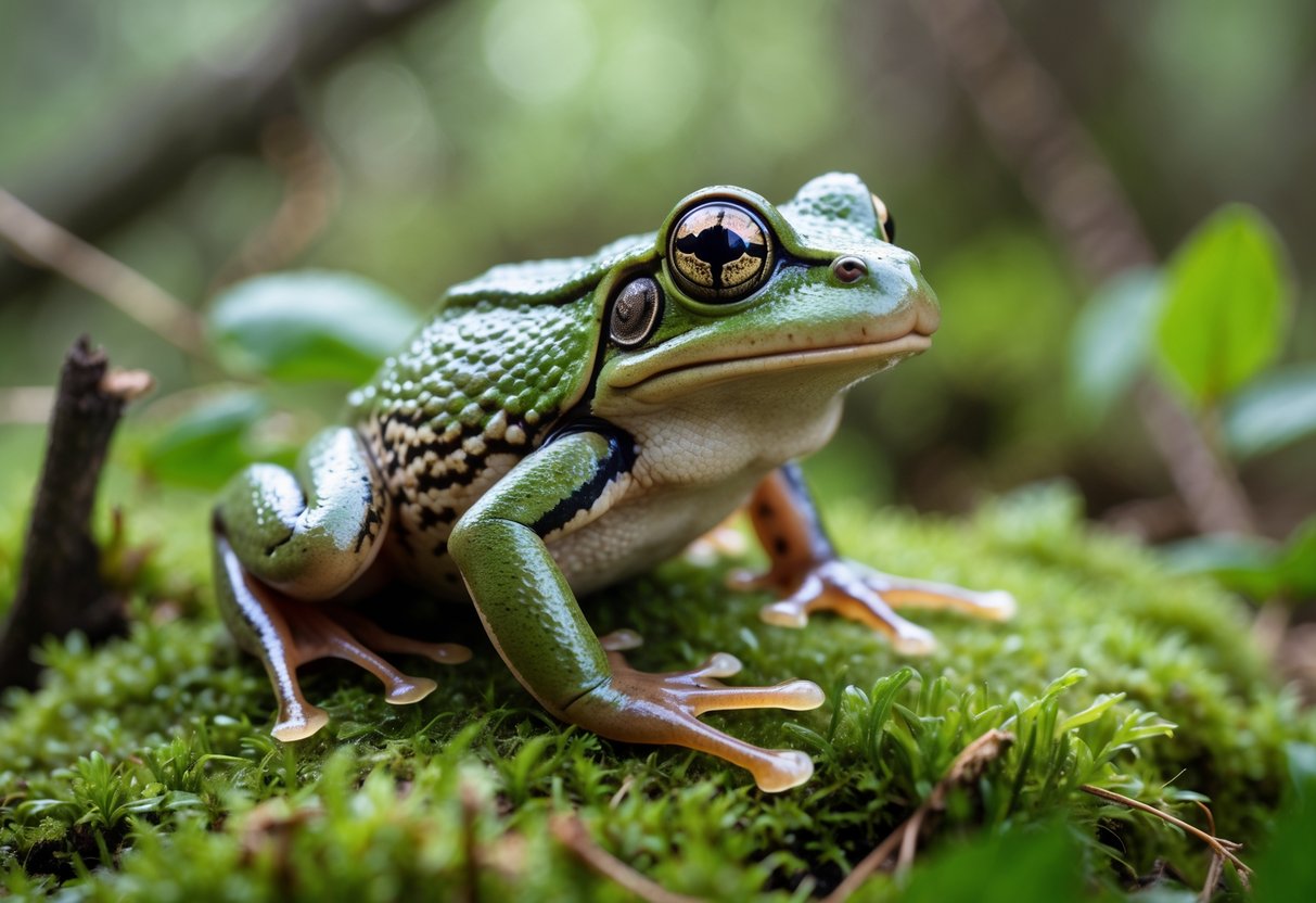 A close-up of a UK frog sitting on moss in a natural woodland setting.