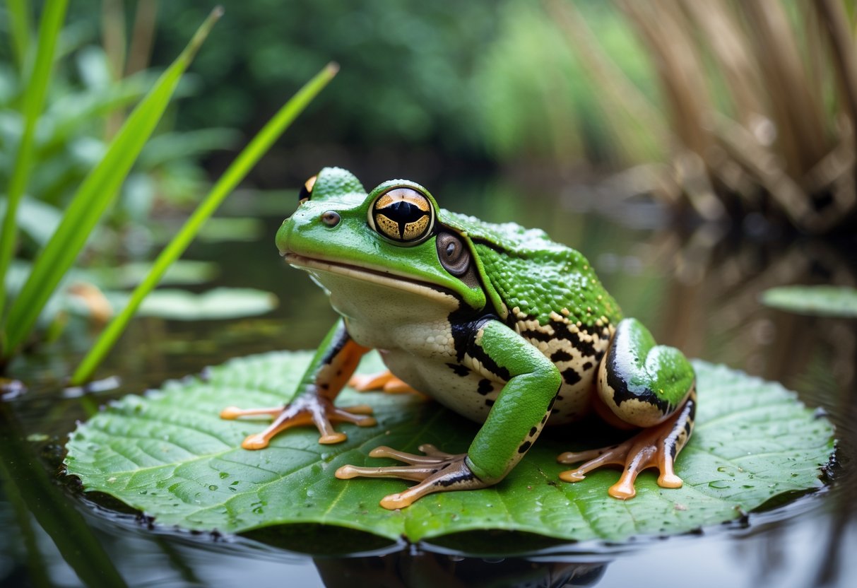 A close-up of a UK frog sitting on a green leaf near a pond in a woodland setting.