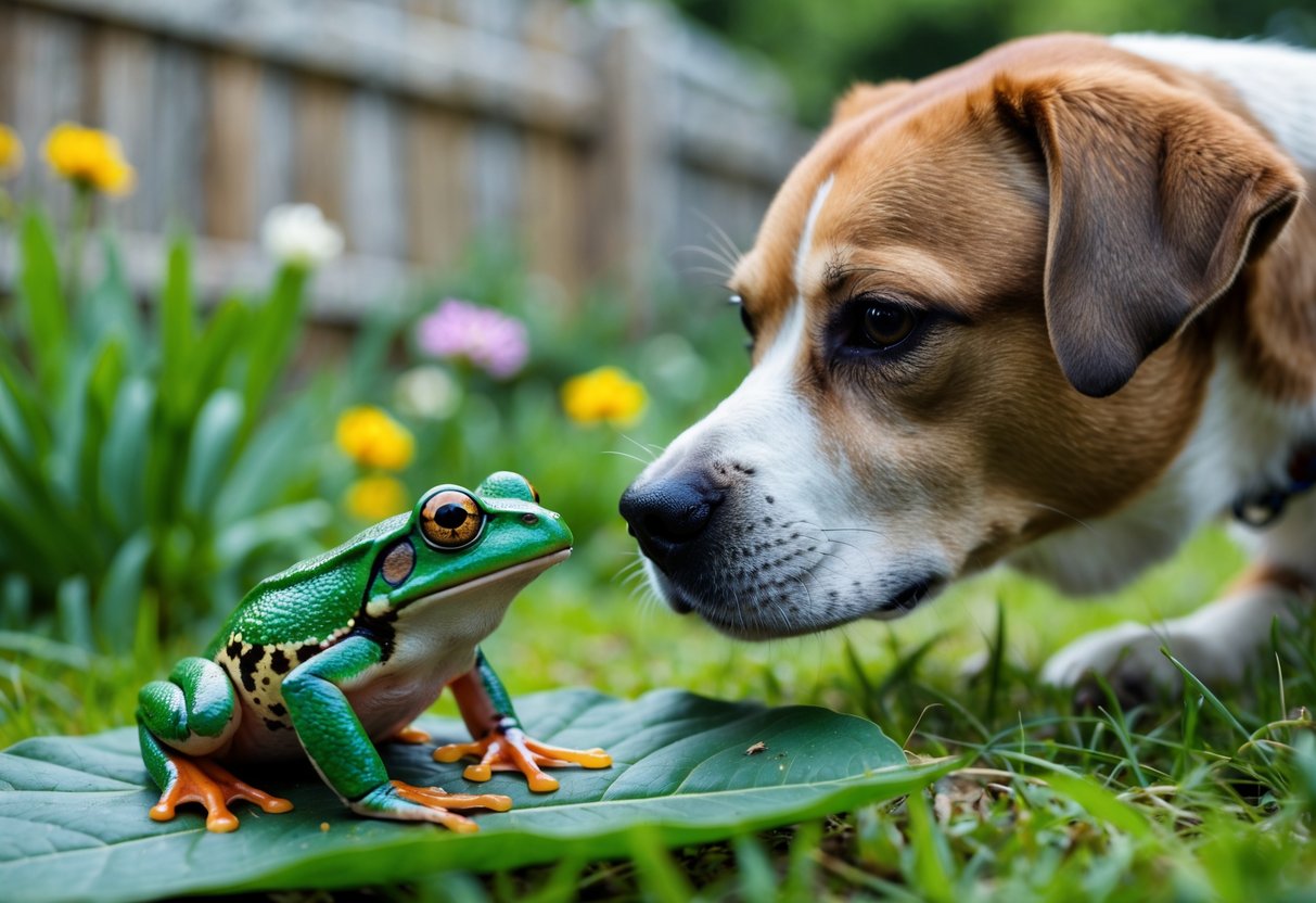 A green garden frog on a leaf with a dog nearby sniffing it in a garden.