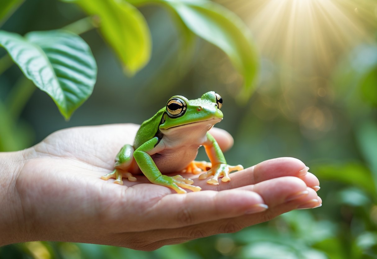 A small green frog resting calmly on an open human hand against a blurred background of green leaves.