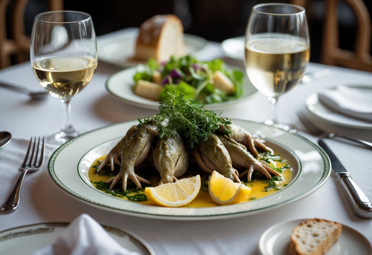 A plate of cooked frog legs served with herbs and lemon on a restaurant table set with white linen, silverware, and a glass of white wine.
