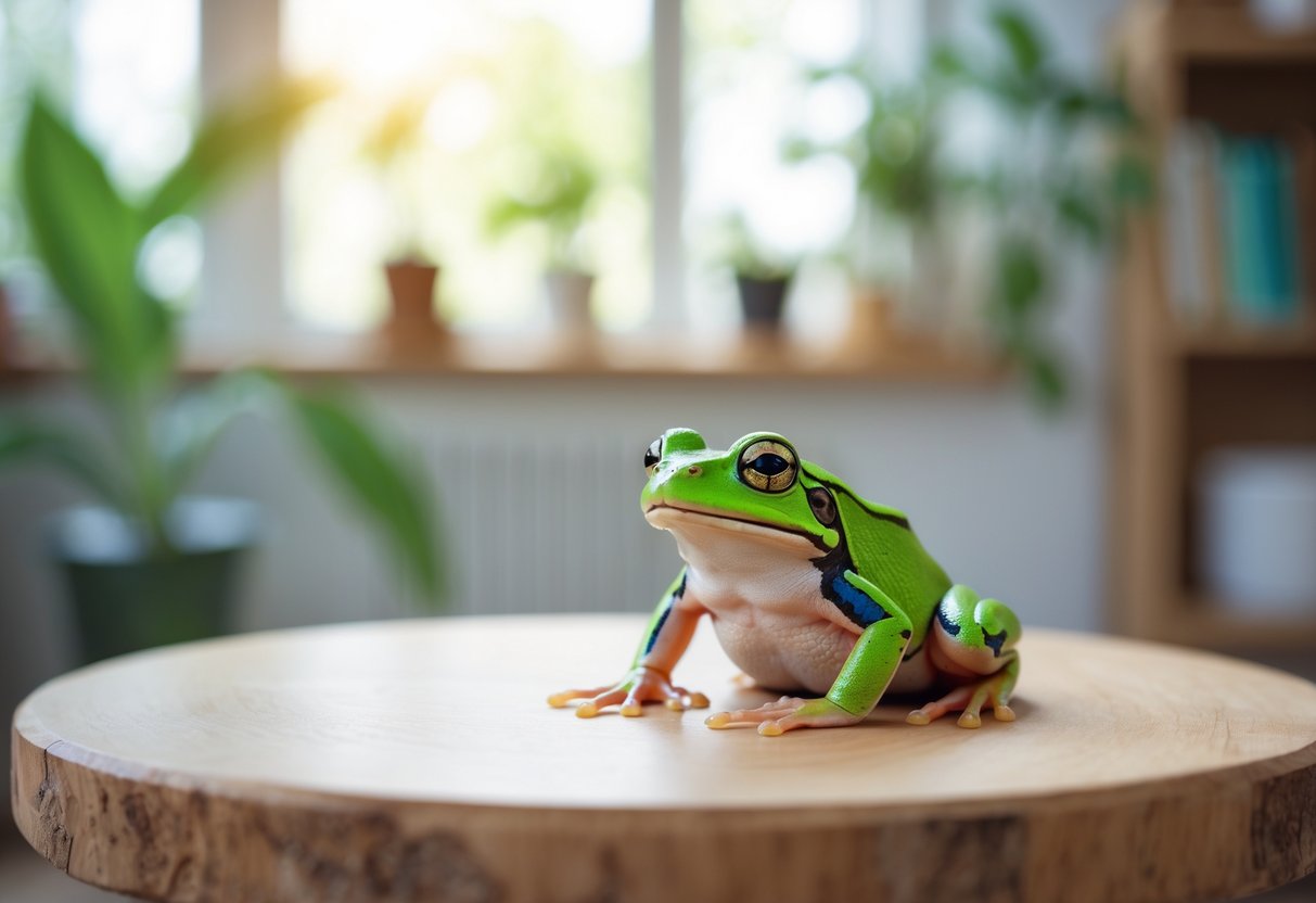 A green frog sitting on a wooden surface inside a cozy home with plants and natural light.