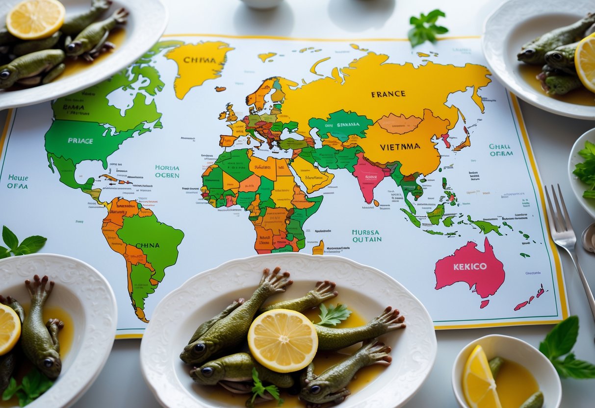 A world map highlighting countries that eat frogs, surrounded by plates of cooked frog legs garnished with herbs and lemon.