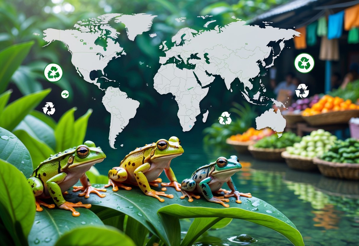 A natural scene showing colorful frogs on green leaves near a pond, a faint world map highlighting frog-eating countries, and a market with baskets of frogs and produce.