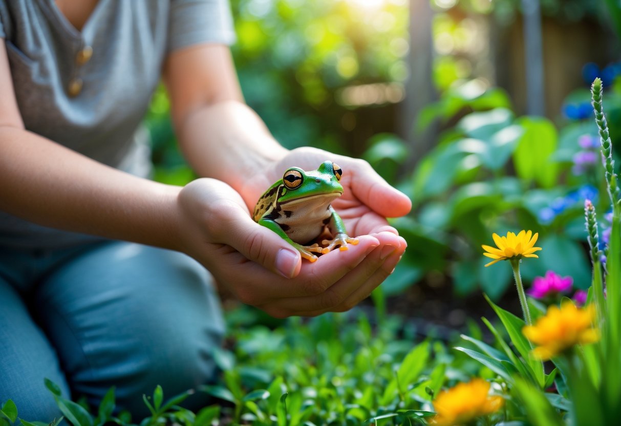 A person gently holding a small green frog in their hands in a garden with plants and flowers.