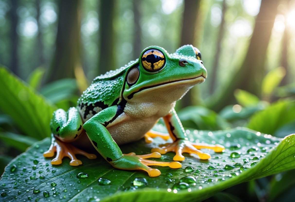 A close-up of a green frog sitting on a wet leaf in a forest with insects and dewdrops around it.