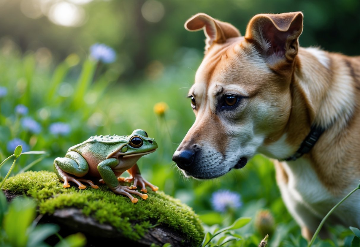 A dog in a green garden closely looking at a small frog sitting on a mossy rock.