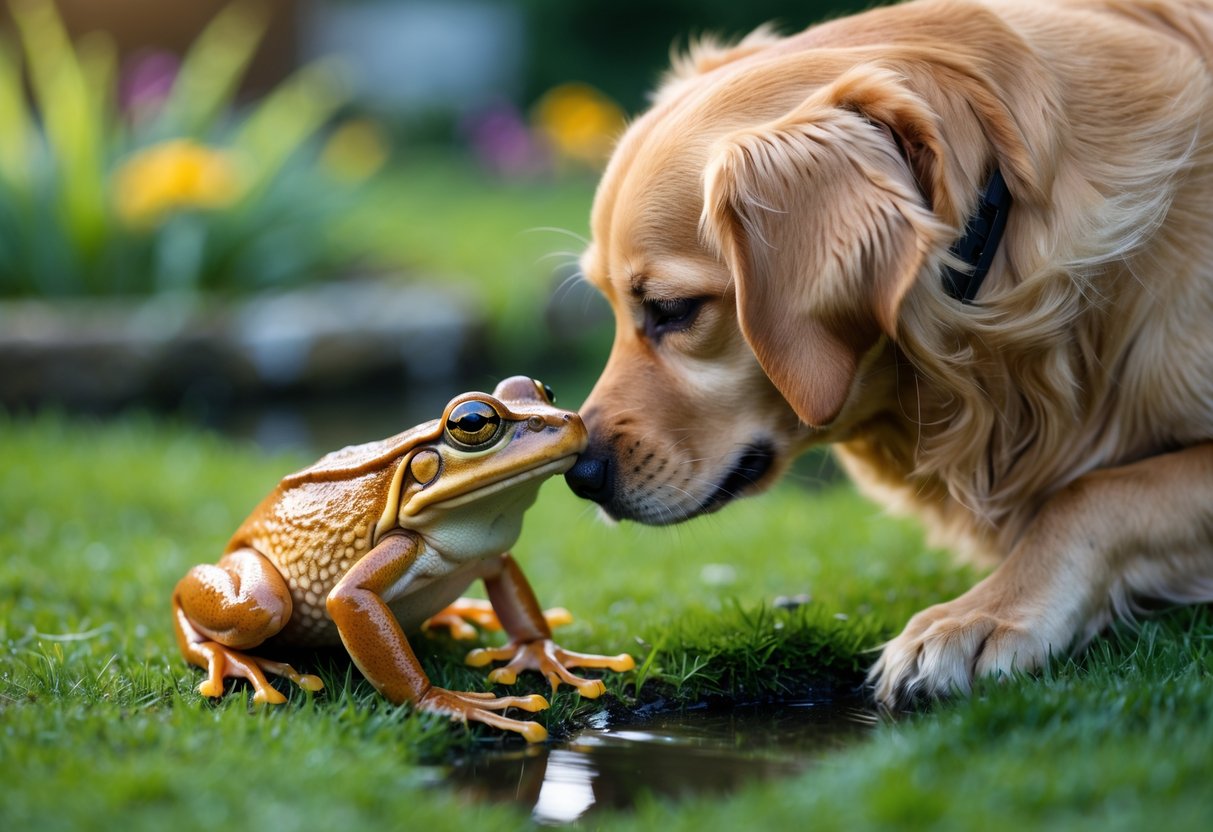 A golden retriever dog sniffing a common frog on grass near a garden pond.