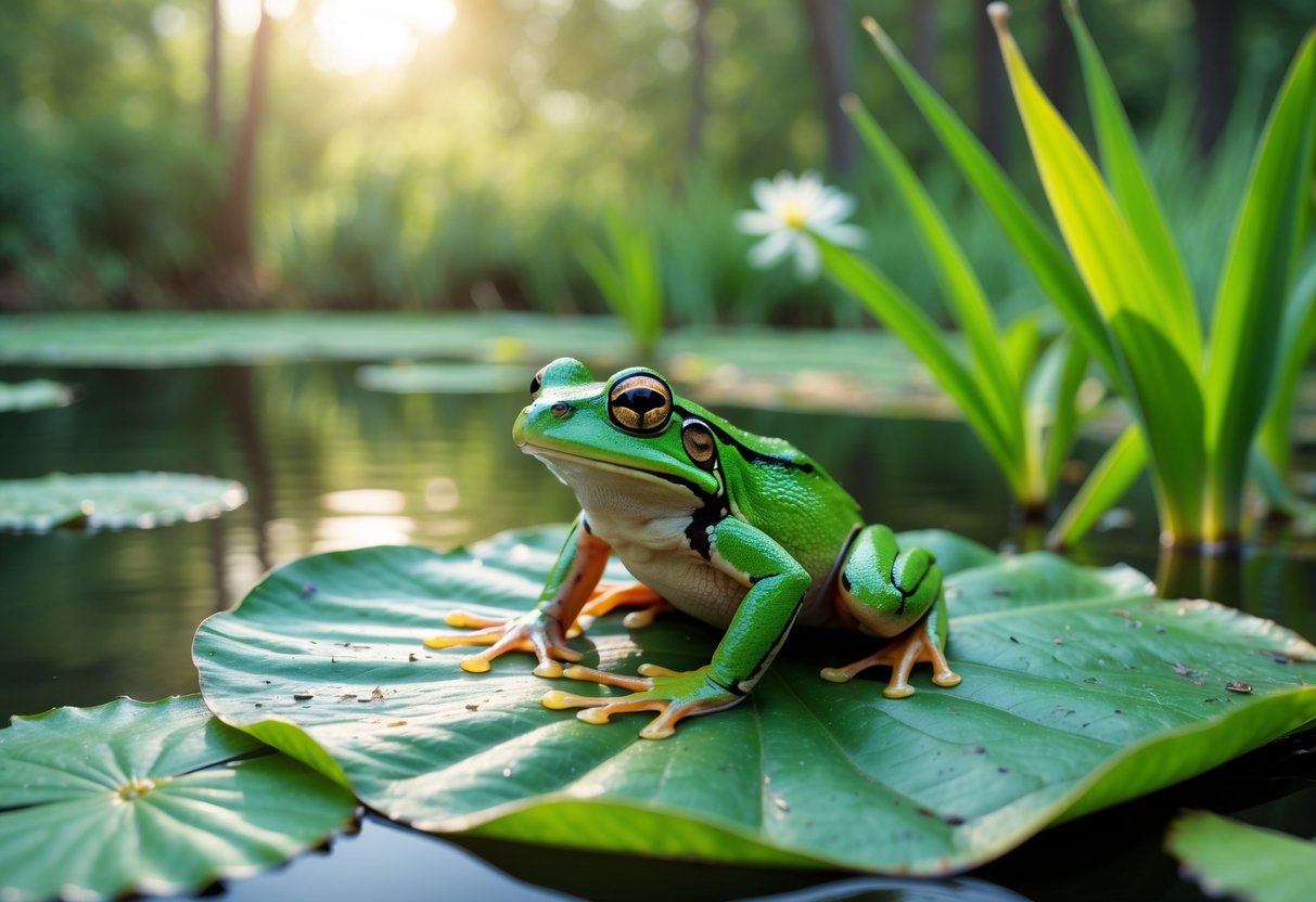 A green frog sitting on a large leaf near a pond surrounded by water lilies and reeds.