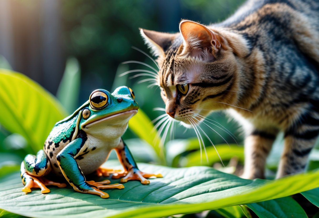 A cat sniffing a frog on a green leaf in a garden.