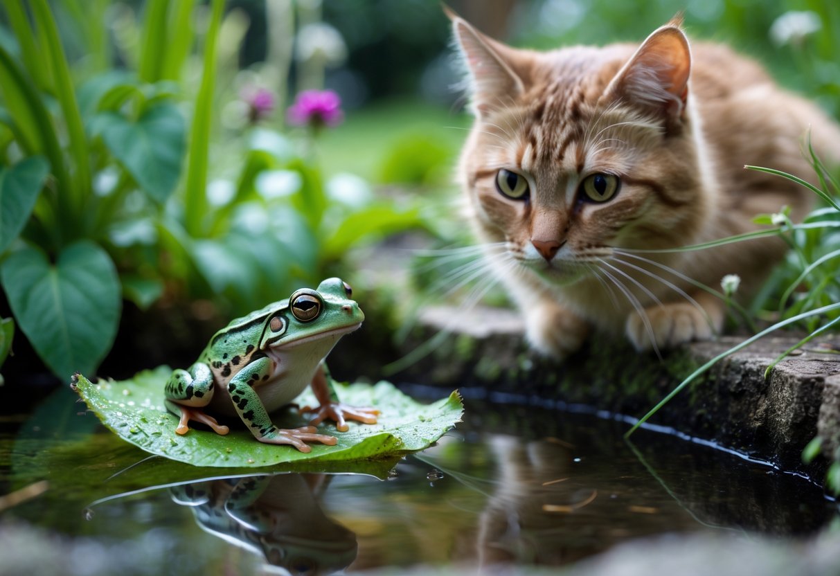 A domestic cat watching a small UK frog sitting on a leaf near a garden pond.