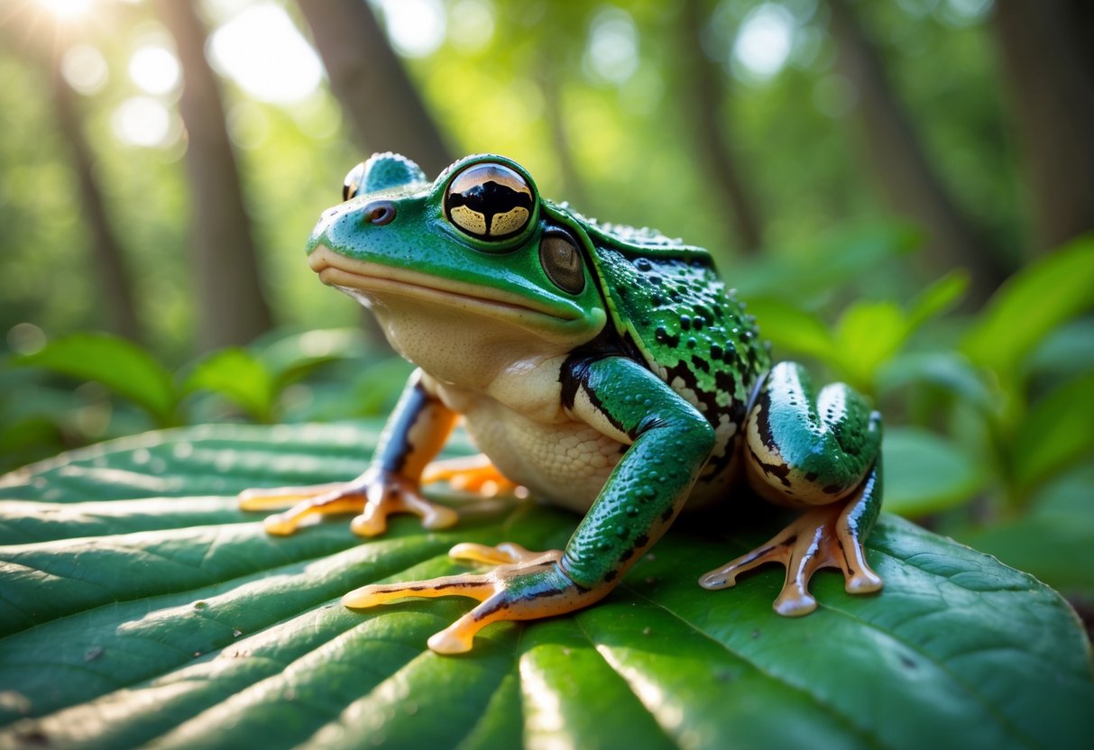 A common frog sitting on a green leaf in a forest with blurred foliage in the background.